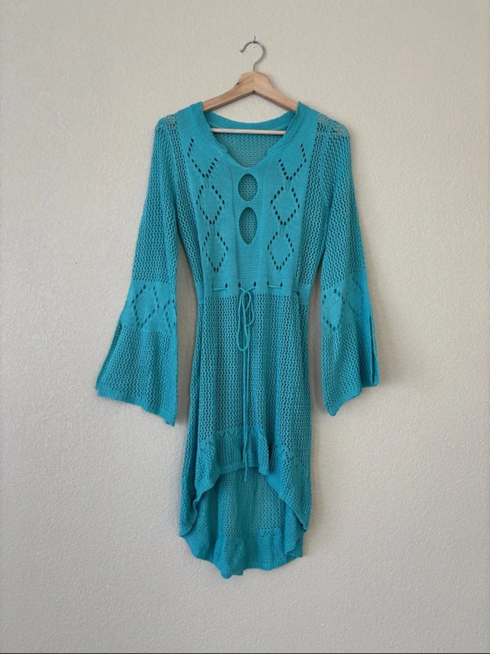 Turquoise Crochet Openwork Tunic with Tie Waist
